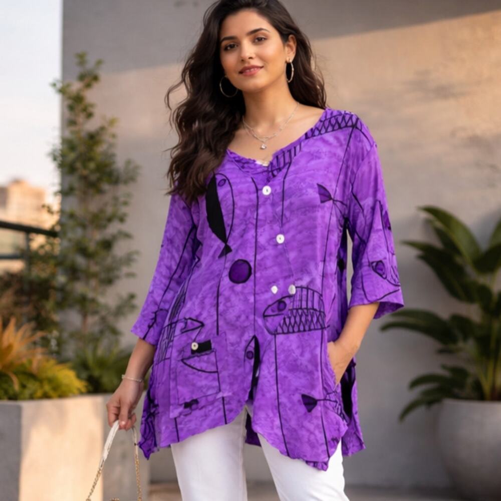 Ivy Reed Asymmetrical Top Women's Size M Rayon Unique Fish Tie Dye Art-to-wear